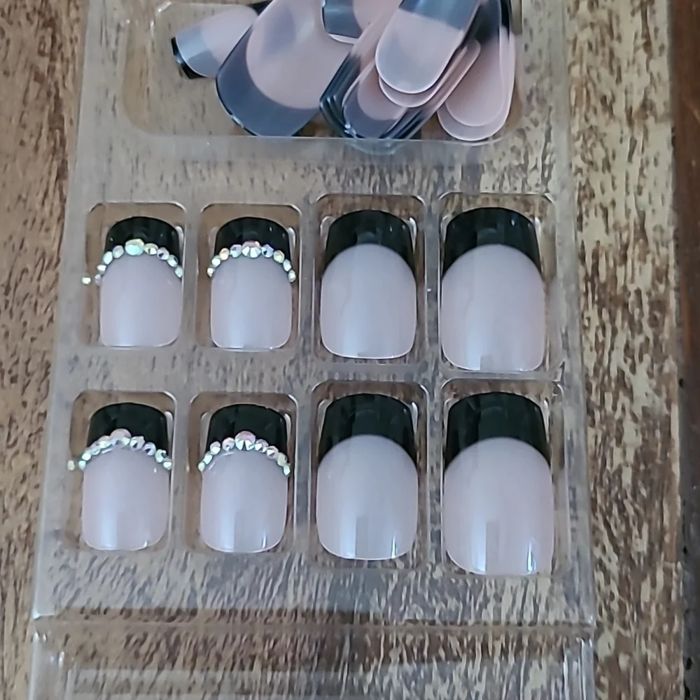 2/$16 Black Rhinestone French Manicure Press On Nails